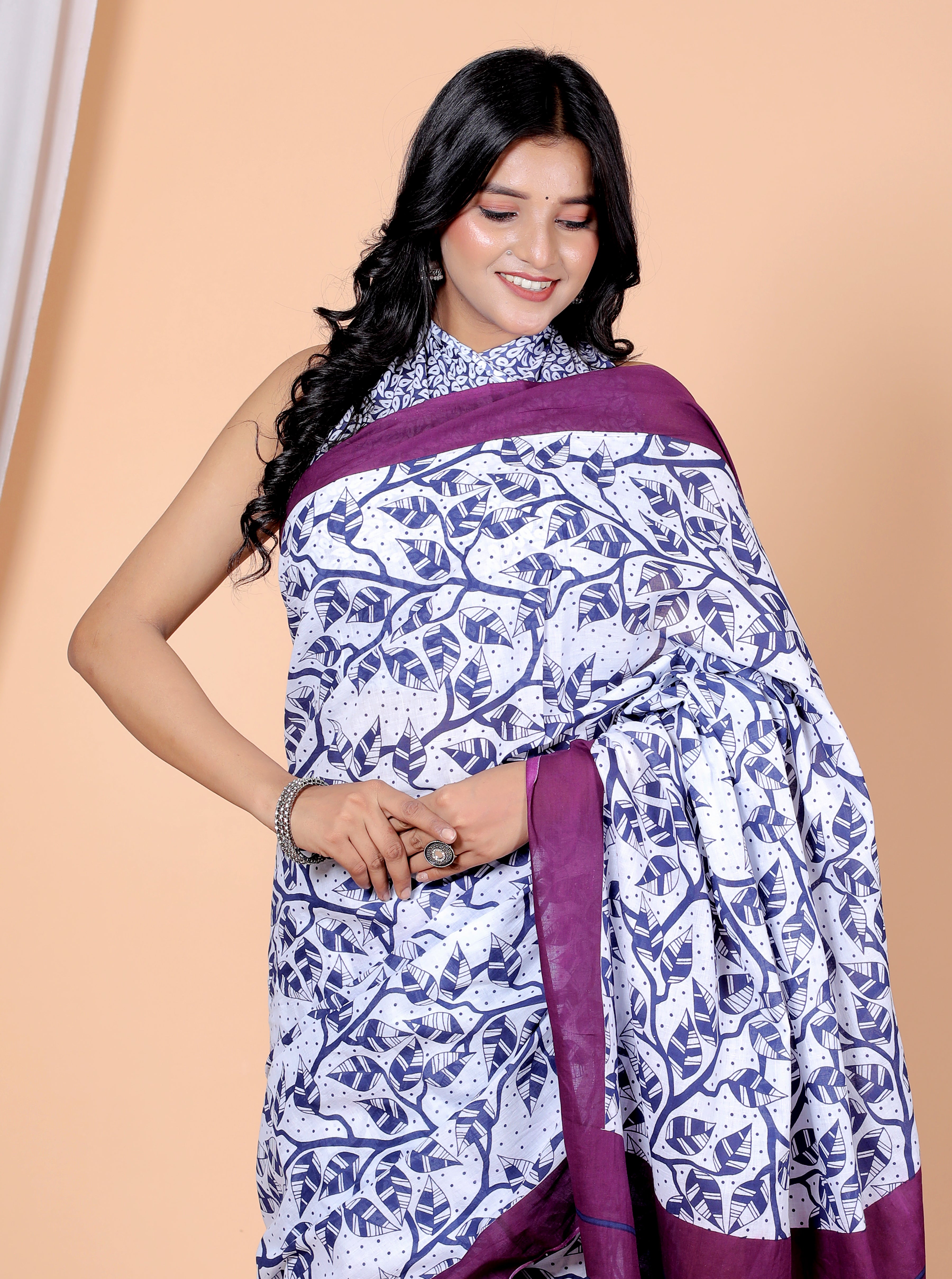 Blue and Purple Printed Saree with Border view 2